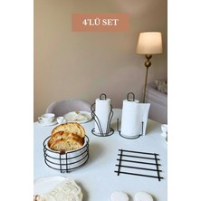 Edora Home 4’lü Set Siyah Kuğu Peçetelik Dik Kağıt Havluluk Misketli Nihale Yuvarlak Ekmek Sepeti Mutfak Seti