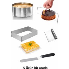 Lilasso 5'li Pasta Seti Kare ve Yuvarlak Ayarlanabilir Ayarlı Kek Pasta Kalıbı Kesme Teli Spatula Takımı