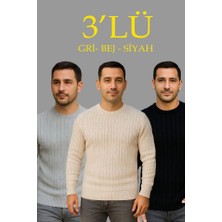 Lune Store Erkek Fitilli Triko Kazak 3lü Set Bej Gri Siyah Regular Fit Bisiklet Yaka Triko Seti Kazak Modeli
