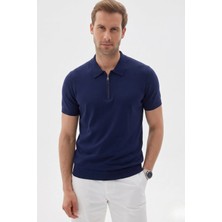Odelon Lımıted Düz Fermuarlı Polo Yaka Rayon Erkek Lacivert Triko Tişört
