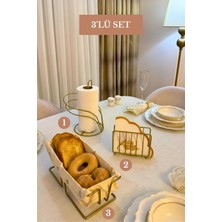 Edora Home 3’lü Set Mat Gold Dikdörtgen Ekmek Sepeti Kafes Peçetelik Kuğu Peçetelik Mutfak Seti