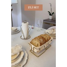 Edora Home 2’li Set Parlak Altın Dikdörtgen Ekmek Sepeti Kuğu Peçetelik Mutfak Seti