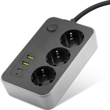 TKÇ Topraklı Termal Akım Korumalı Uzatma Kablosu Anahtarlı 3 Priz 2 USB 1 Type-C 2 M Siyah SH4626