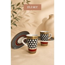 Edora Home Türk Kahvesi Fincan Takımı Siyah Beyaz Desenli Bordo Çerçeveli 2 Kişilik 4 Parça