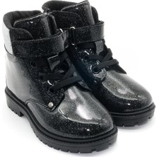 Tımber Siyah Simli Çocuk Bot Kız Erkek Unisex Ayakkabı Rugan Görünümlü Fermuarlı Bağcıklı KP-3007