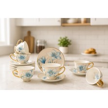 Edora Home Türk Kahvesi Fincan Takımı Vintage Esintili Çift Renkli Mavi Çiçek Şık Desenli 6 Kişilik 12 Parça