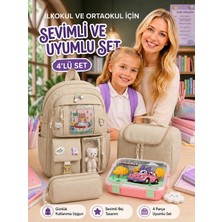 Pairla 4'lü Okul Çantası Seti Kız Çocuk  Ilkokul Ortaokul Okul Çantası Su Geçirmez Sırt Çantası Beslenme Çantası Kalemlik Paslanmaz Çelik Beslenme Kabı