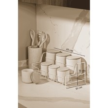 Edora Home Bej Standlı 7 Bölmeli Porselen Baharatlık Takımı Bambu Kapaklı Mutfak Organizer
