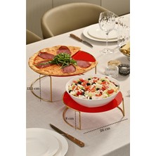 Edora Home 2'li Parlak Altın Büyük Boy Metal Sunumluk İkramlık Servis Tabağı Kırmızı Pleksi