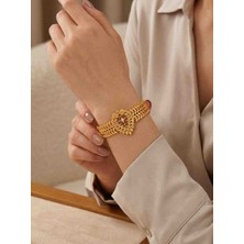 Reyn Handmade Gold Kararmaz, Çelik Yaprak Desenli Çelik Kelepçe Bileklik