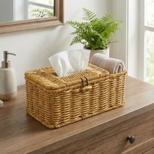 Die Grup Kapaklı Doğal Rattan Görünümlü Hasır Organizer Sepet, 24X10X10 cm