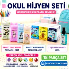 İnfeta 18 Parça Öğrenci Hijyen Seti 8 Islak Medil 9 Kuru Mendil 1 Şişe 50 ml Kolonya Çanta Boy Hijyen Setleri