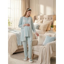 Lohussa Yeni Sezon Mint Yeşili Yazlık Dantel Detaylı Kısa Kol Düğmeli Şık Hamile Sabahlık Pijama Takımı Seti