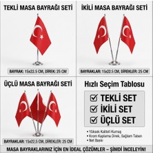 Daisy Tasarım Türk Masa Bayrağı Seti - Tekli Ikili Üçlü Krom Standlı Masa Üstü Bayrak 15X22.5 cm -