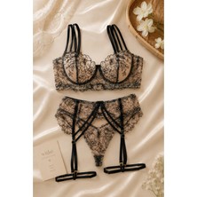 Noir Fleur Nakışlı Dantel Jartiyer Seti Bralet & String Iç Çamaşırı Takım