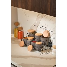 Edora Home Siyah Standlı 7 Bölmeli Porselen Baharatlık Takımı Bambu Kapaklı Mutfak Organizer