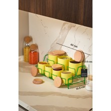 Edora Home Yeşil Standlı 7 Bölmeli Porselen Baharatlık Takımı Bambu Kapaklı Mutfak Organizer