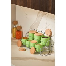 Edora Home Mat Gümüş Standlı 7 Bölmeli Porselen Baharatlık Takımı Bambu Kapaklı Mutfak Organizer