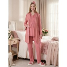 Lohussa Yeni Sezon Nar Çiçeği Jakarlı Kısa Kol Şal Yaka Tasarım Yazlık Hamile Sabahlık Pijama Takım Seti