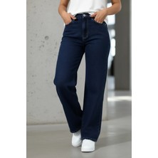 Woddi Vera Kadın Yüksek Bel Lacivert Salaş Jeans Wide Leg Geniş Paça Palazzo Kot Pantolon