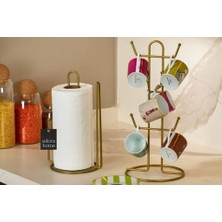 Edora Home 2'li Mat Gold Mutfak Organizer Seti Ayraçlı Kağıt Havluluk Ve 6 Bölmeli Bardak Askılığı Paslanmaz Metal