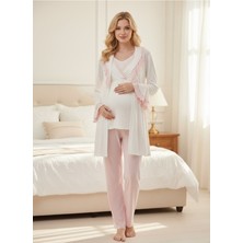 Lohussa Yeni Sezon Pudra Şal Yaka Volanlı Yazlık Tasarım Kısa Kollu Hamile Lohusa Sabahlık Pijama Takımı Set