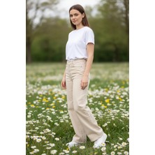 Woddi Vera Kadın Yüksek Bel Krem Salaş Jeans Wide Leg Geniş Paça Palazzo Kot Pantolon