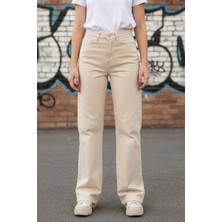 Woddi Mila Kadın Yüksek Bel Krem Salaş Wide Leg Jeans Geniş Paça Palazzo Kot Pantolon