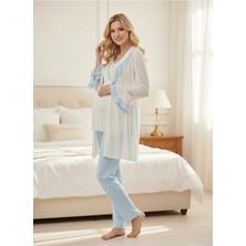 Lohussa Yeni Sezon Mavi Şal Yaka Volanlı Yazlık Tasarım Kısa Kollu Hamile Lohusa Sabahlık Pijama Takımı Set