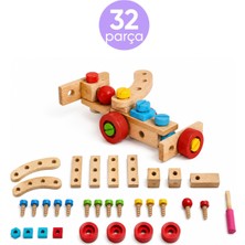 Nilberry Ahşap Oyuncak Tamir Seti 32 Parça Eğitici Vidalı Yapı ve Araç Yapım Seti, Sök Tak Oyuncak Yapı Oyuncağı Montessori Tamir Seti