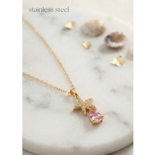 Stainless Steel 316L Çelik Zincir Gold Renk Yıldız Model Pembe Damla Taş Model Kolye