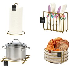 Edora Home 4'lü Mat Gold Servis Sunum Seti Peçetelik Kağıt Havluluk Ekmeklik Nihale Paslanmaz Metal