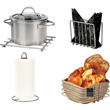 Edora Home 4'lü Mat Gümüş Servis Sunum Seti Peçetelik Kağıt Havluluk Ekmeklik Nihale Paslanmaz Metal