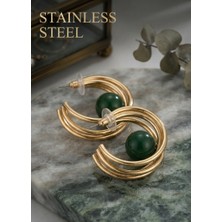 Stainless Steel Pirinç Gold Renk Halka Model Yeşil Boncuk Detay Küpe