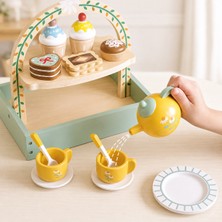 Nilberry Ahşap Oyuncak Çay Seti, Servis Standı Çaydanlık Fincan ve Tatlı Aksesuarlı Evcilik Oyuncağı Montessori Mutfak Oyun Seti