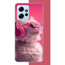 Aksesuarist Redmi Note 12 4g Uyumlu Pembe Gözlüklü Kedi Baskılı Silikon Kılıf