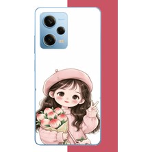 Aksesuarist Redmi Note 12 Pro 5g Uyumlu Kawaii Buket Tutan Kız Baskılı Silikon Kılıf