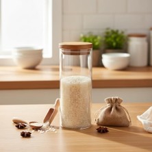 Die Grup Deconox Doğal Akasya Ahşap Kapaklı Borosilikat Cam Kavanoz - 350 ml Vakumlu Yuvarlak Baharatlık, Çay ve Kahve Saklama Kabı