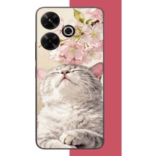 Aksesuarist Redmi 13 Uyumlu Pembe Yapraklı Kedi Baskılı Silikon Kılıf