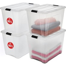 Die Grup Kapaklı Saklama Kutuları, 60L, 4'lü Set, Şeffaf, Güvenli Tokalar, Istiflenebilir, Çekme Kulpları, Yatak Odası, Dolap, Ofis, Organizasyon Için, Bpa Içermeyen Plastik, Giysi Çantası, Ntb-60