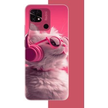 Aksesuarist Redmi 10C - Poco C40 Uyumlu Pembe Gözlüklü Kedi Baskılı Silikon Kılıf