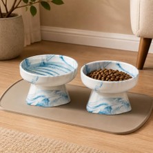 Die Grup 2 Li Seramik  Kabı Kedi ve Köpekler Için Sağlıklı Su Kasesi Marble Ayaklı,yükseltilmiş,boyun Rahatligi ve Omurga Sagligi Destekli Kaymaz Besleme Kabı (Marble-Blue-2li)