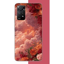 Aksesuarist Redmi Note 11E Uyumlu Kırmızı Bulut ve Çiçekler Baskılı Silikon Kılıf