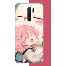 Aksesuarist Redmi 9 Uyumlu Kawaii Küçük Kız ve Kedi Baskılı Silikon Kılıf