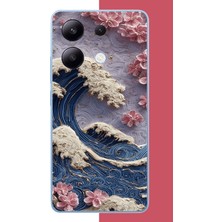 Aksesuarist Redmi Note 13 4g Uyumlu Mavi Dalga ve Pembe Çiçekler Baskılı Silikon Kılıf