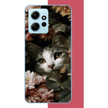 Aksesuarist Redmi Note 12 4g Uyumlu Çiçeklere Gizlenen Kedi Baskılı Silikon Kılıf