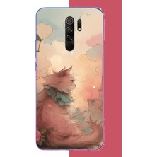 Aksesuarist Redmi 9 Uyumlu Mavi Fularlı Kedi Baskılı Silikon Kılıf