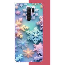 Aksesuarist Redmi 9 Uyumlu Renkli Kar Taneleri Baskılı Silikon Kılıf