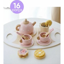 Nilberry Ahşap Oyuncak Pembe Çay Seti, Tepsili Çaydanlık Fincan Kurabiye ve Tatlı Aksesuarlı Montessori Eğitici Evcilik Oyuncağı