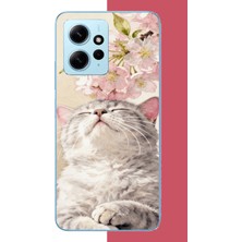 Aksesuarist Redmi Note 12 4g Uyumlu Pembe Yapraklı Kedi Baskılı Silikon Kılıf